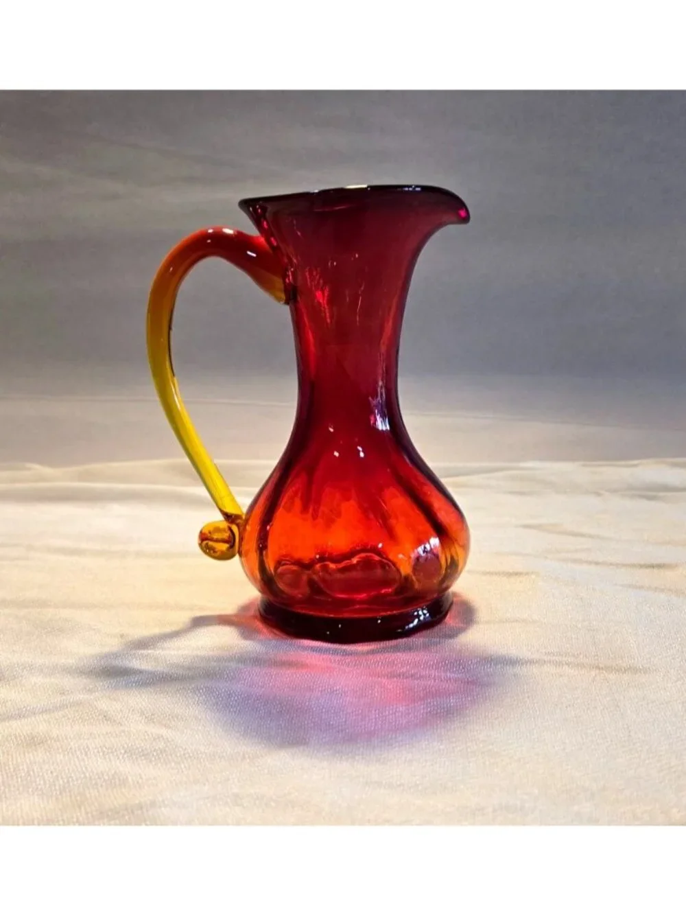 Kanawha Amberina 5” Glass Pitcher Bud Vase Red Yellow Tint Vtg Handcrafted